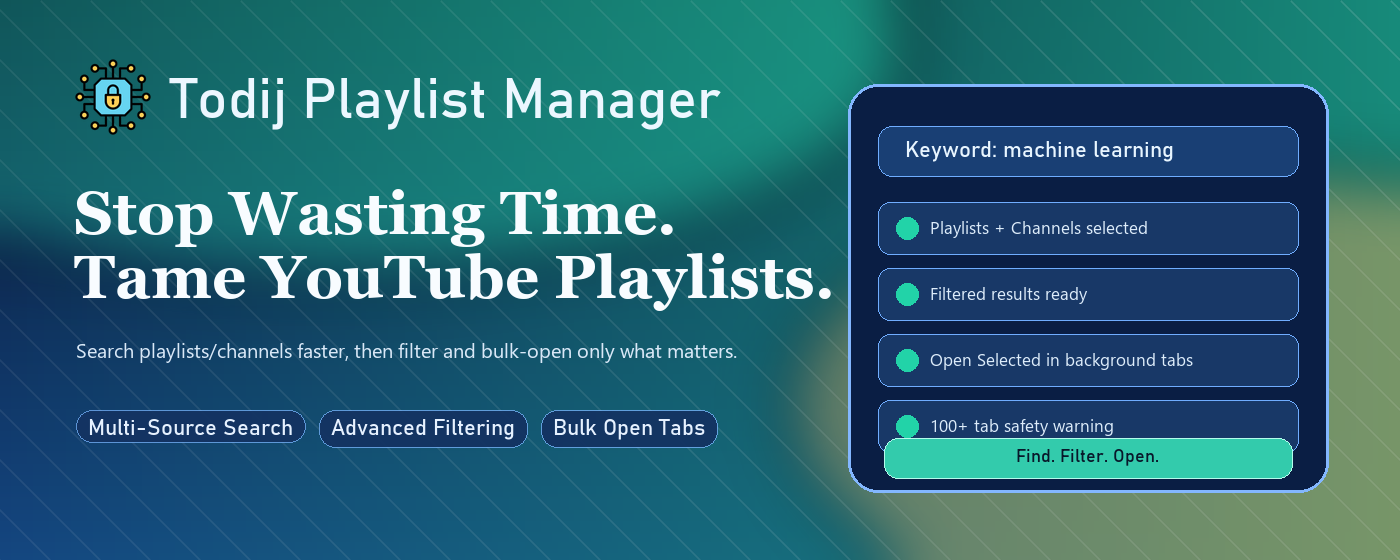 Todij Playlist Manager detailed workflow visual for keyword search, filtering, and safe tab opening